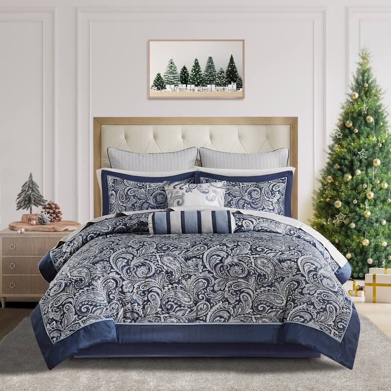 Madison Park Whitman 12 Piece Comforter Set with Cotton Bed Sheets - Navy - Queen