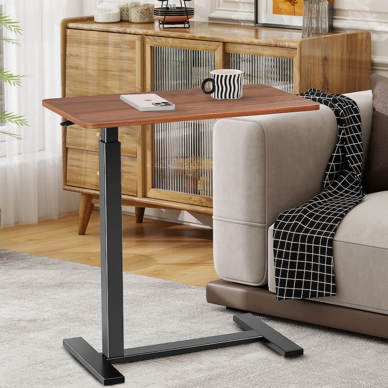 27.56 in. White Laptop Desk with Wheels, Adjustable Height Overbed Bedside Table Mobile Standing Desk - Brown