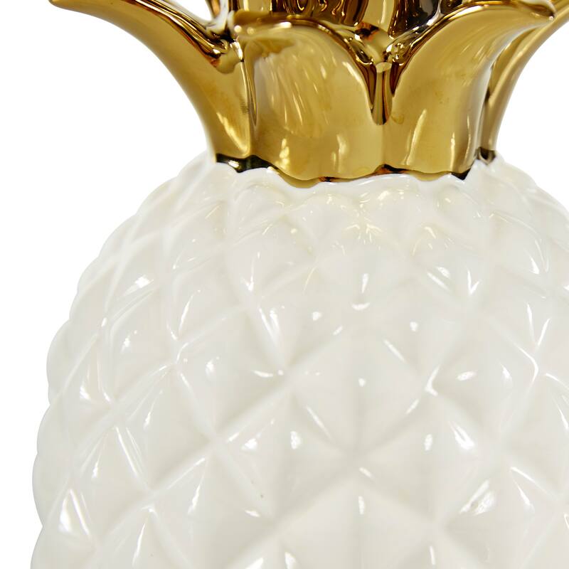 CosmoLiving by Cosmopolitan White Porcelain Ceramic Pineapple Fruit Decorative Sculpture with Gold Leaves