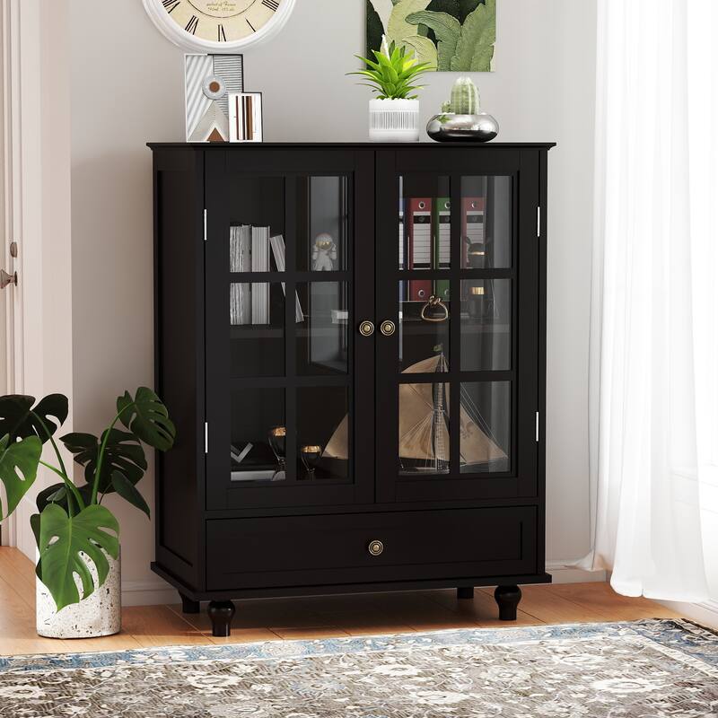 Buffet Cabinet with Double Glass Doors and Drawer, Modern Wooden Storage Sideboard Cupboard for Living room, Dining Room