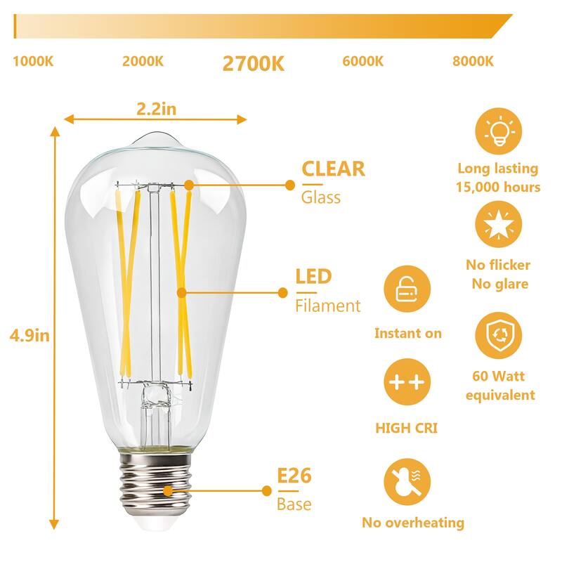 18-Pack Vintage LED Edison Bulbs, ST64 Constant Current Filament Light Bulbs, E26 Base, 2700K Warm White, Clear Glass - white