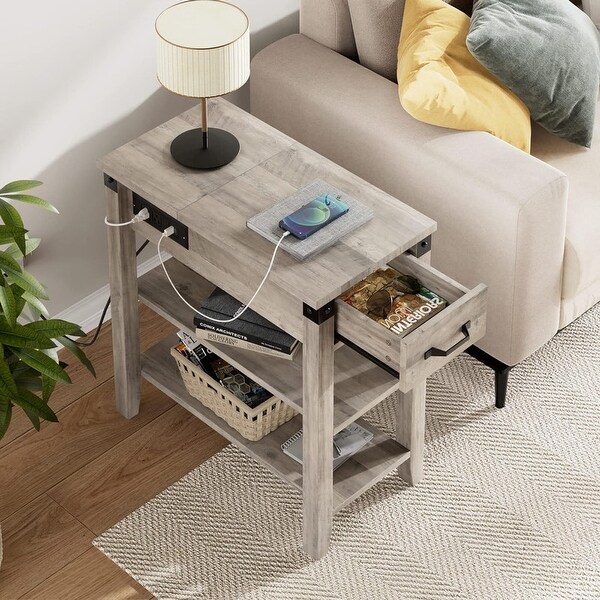End Table with USB Ports and Outlets Flip Top Side Table Narrow Grey