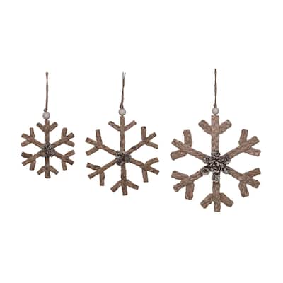 Transpac Natural Fiber 9.75 in. Brown Christmas Straw Woven Snowflake Decor Set of 3
