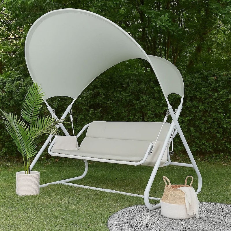 Diz Outdoor Hanging Double Swing Sofa Chair, White Powder Coated Steel