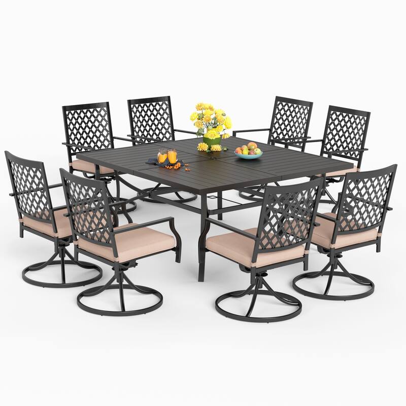 MAISON ARTS 9-Piece Patio Dining Set, 60 Inch Square Metal Table and 8 Swivel Dining Chairs