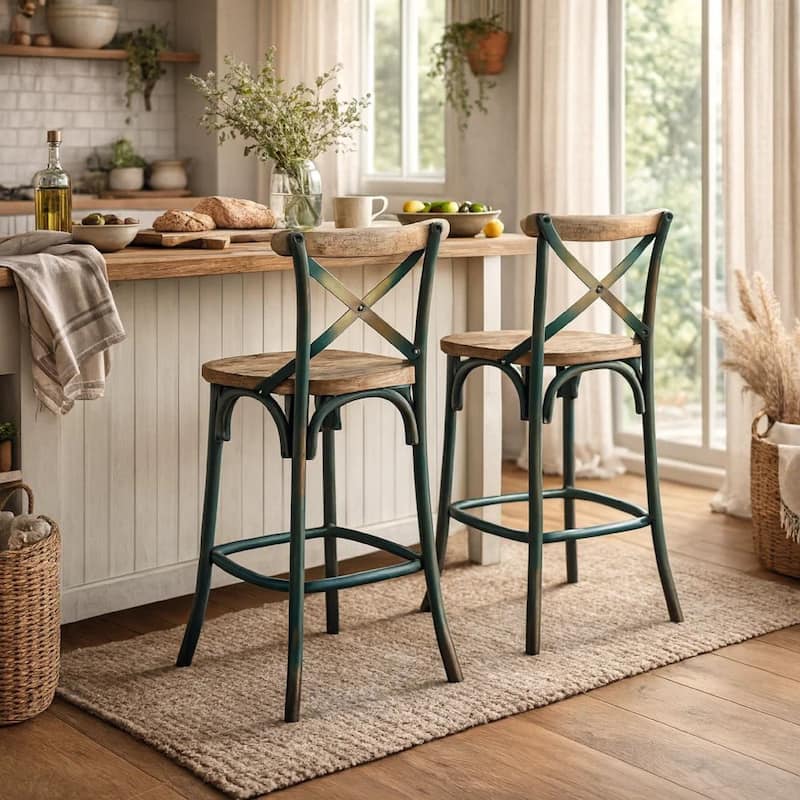 Wood & metal Bar Height Chair with X-Style Panel back, Antique Sky Blue