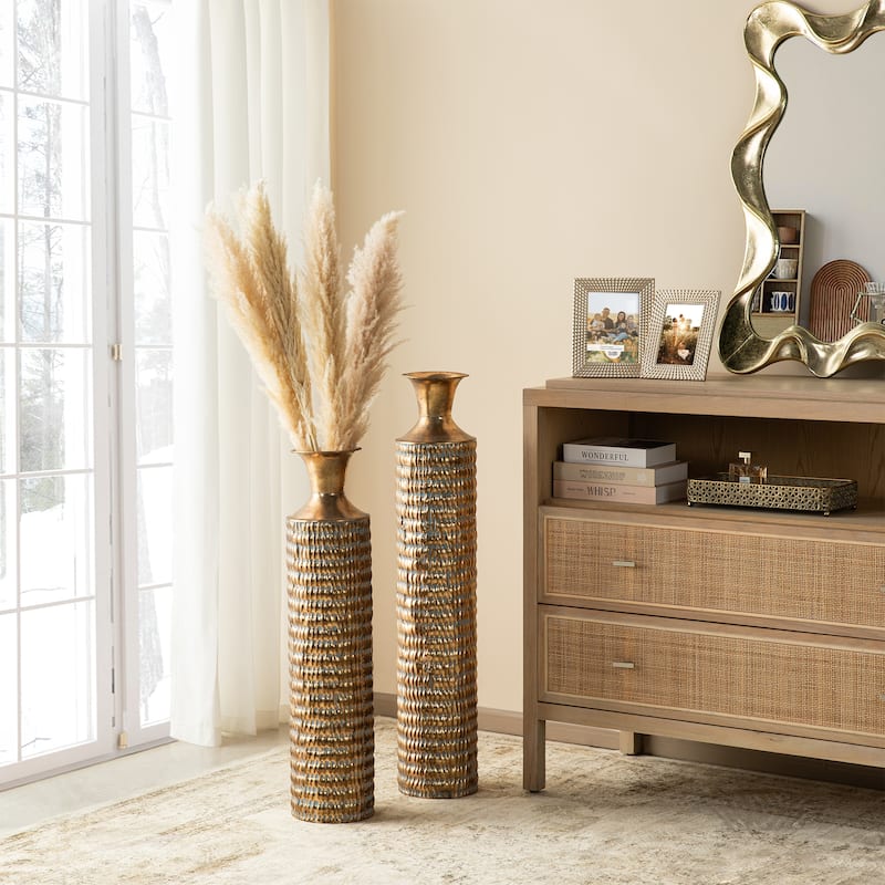 Glitzhome Set of 2 Metal Gold Embossed Floor Vases with Verdigris Finish