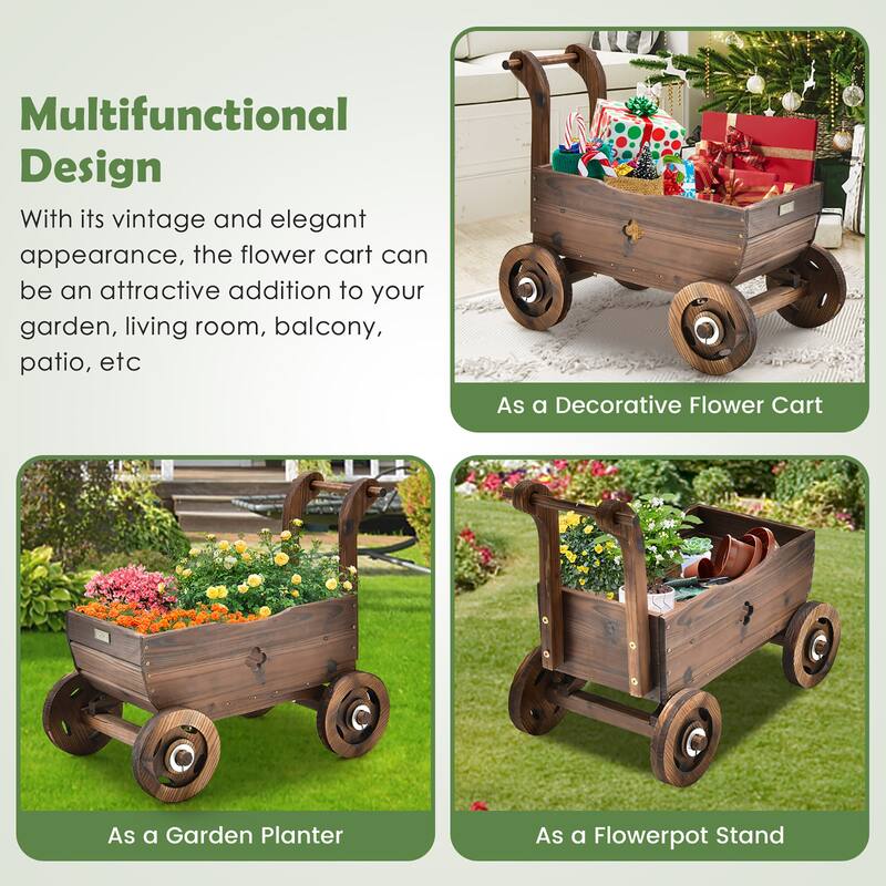 Costway Decorative Wagon Cart Plant Flower Pot Stand Wooden Raised - 27'' x 15'' x 21'' (L x W x H)