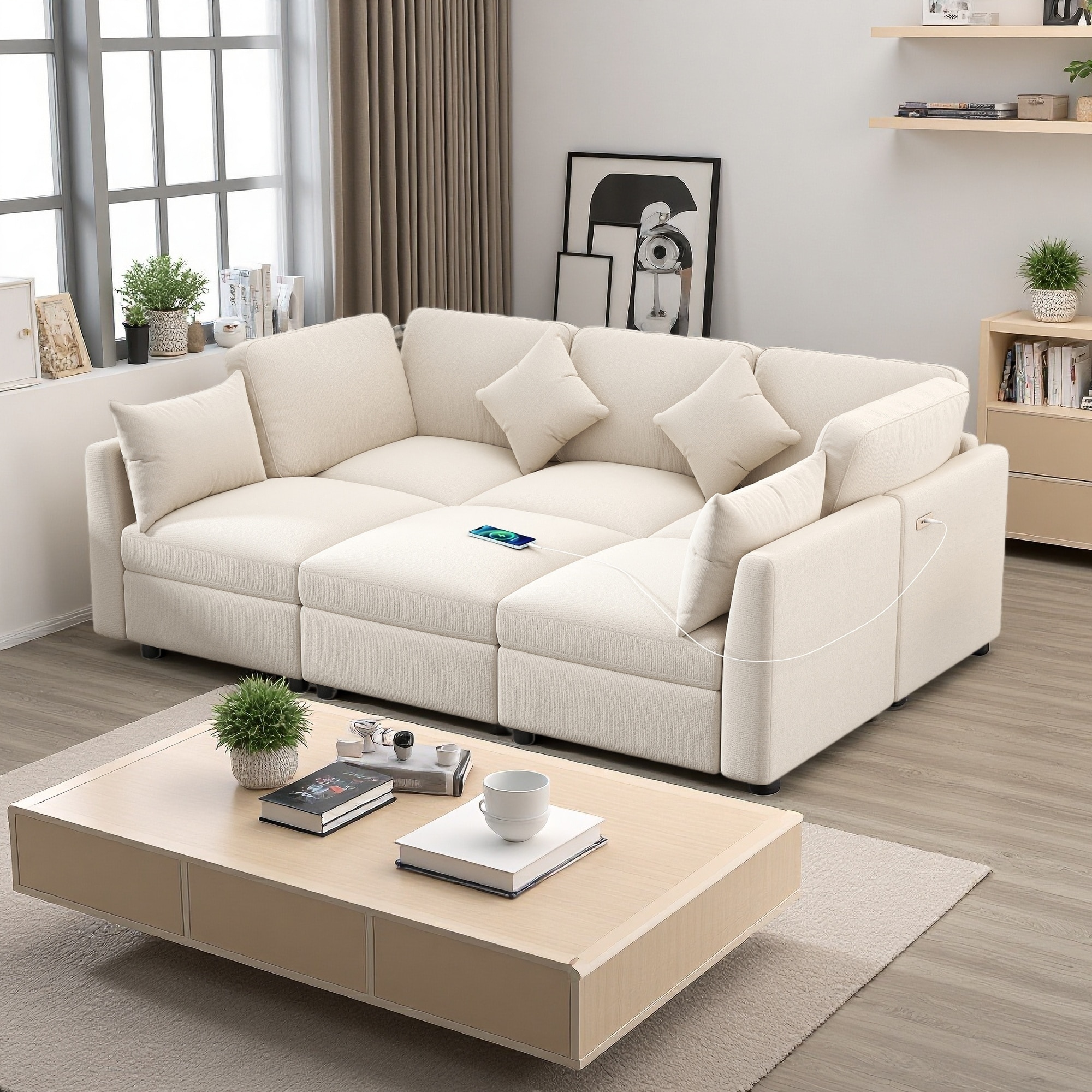 86.6" Chenille Modular 5-Seat Sectional Sofa with Movable Ottoman & USB Ports
