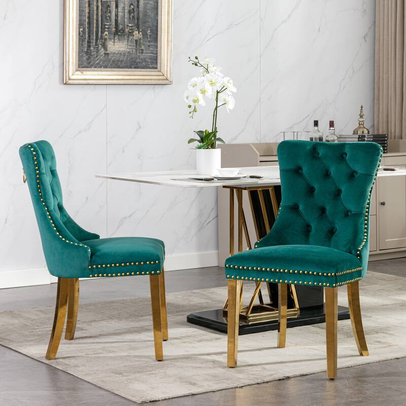 Set of 2 Velvet Dining Chairs with Nailhead Trim and Gold-Plated Legs - Green