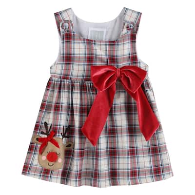 Lil Cactus White and Red Plaid Reindeer Big Bow and Button Dress