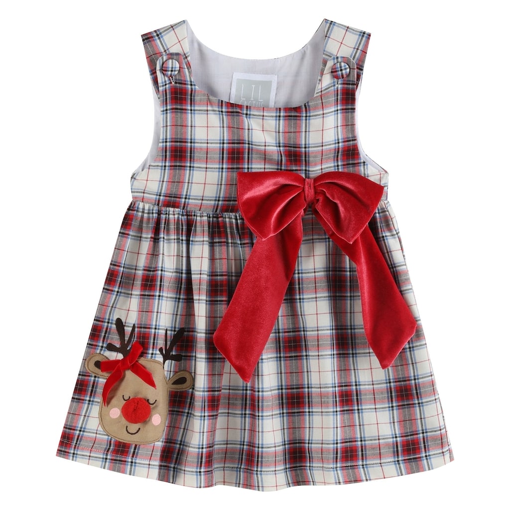 Lil Cactus White and Red Plaid Reindeer Big Bow and Button Dress