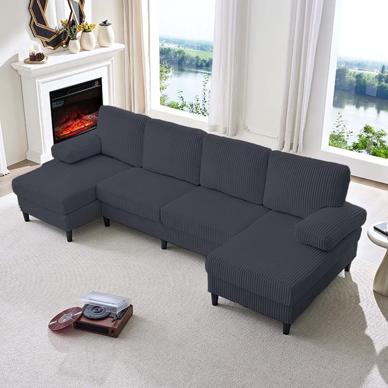Mixoy W110"U-Shaped Sectional Sofa Couches with Double Chaises and Sleepable Armrests,Corduroy Upholstered 4-Seater Sofa