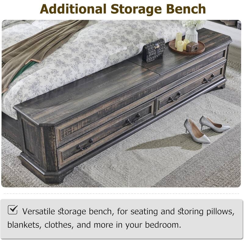 Farmhouse Bed Frame w/ Headboard & Storage Bench, Wood Platform Bed