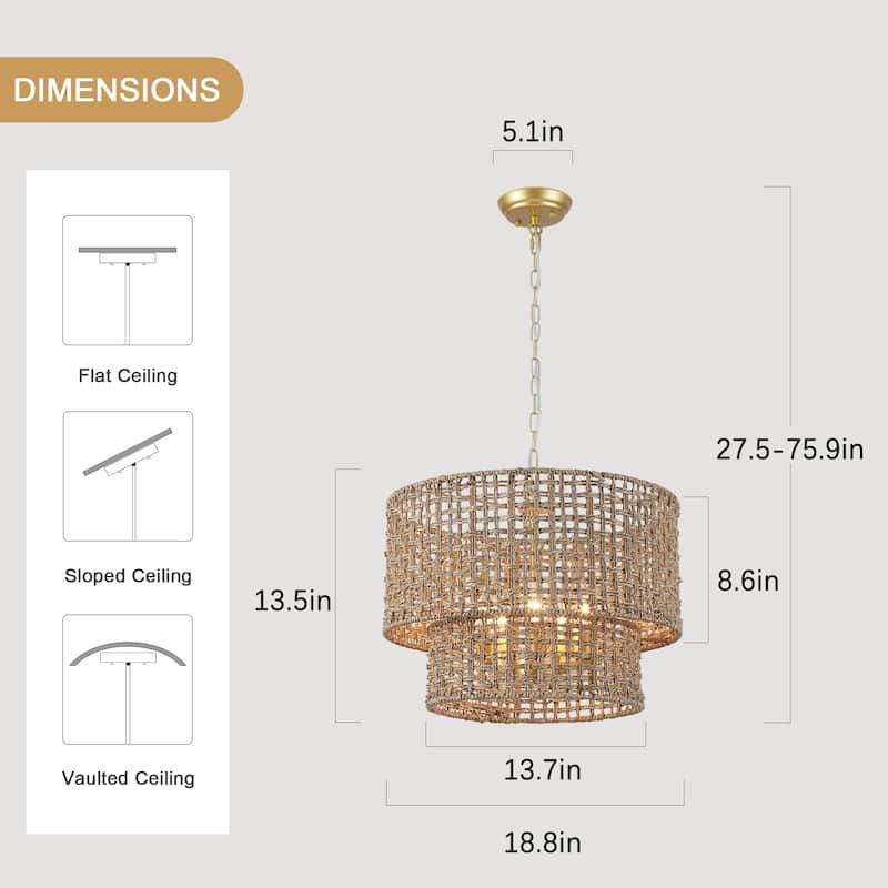 5-Light Metal 2-Tier Traditional Linear Drum Chandelier Pendant Light with Rattan Shade for Kitchen Island Dining Room