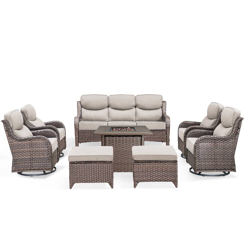 Pocassy 8 Pieces Outdoor 6" Sofa Swivel Chair Ottoman with Fire Pit Table