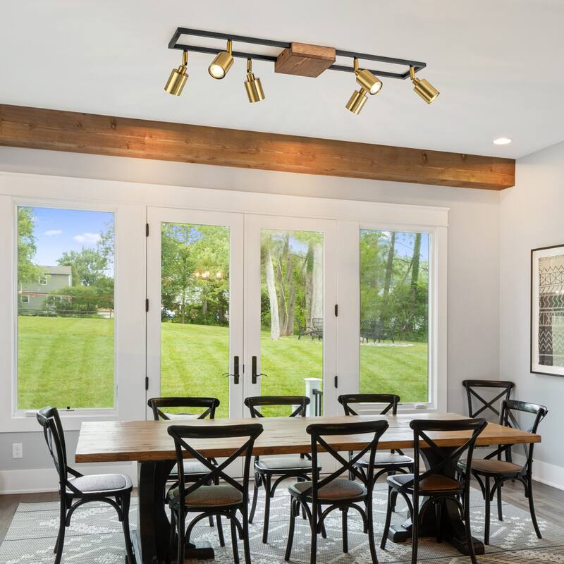 6 Light Farmhouse Rectangle Flush Mount Ceiling Fixture Track Light with Rotating Head - Gold