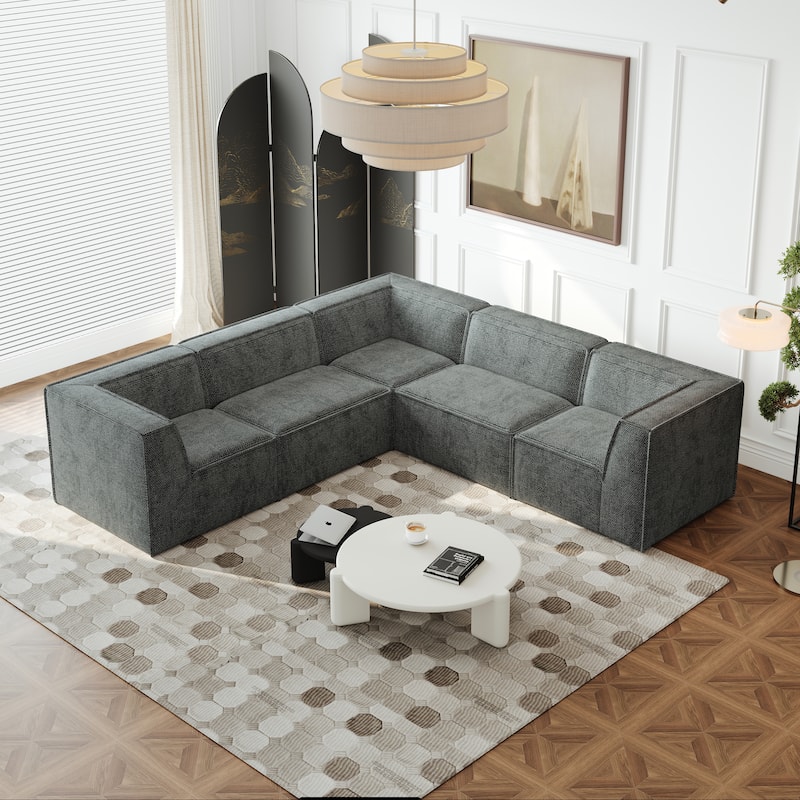 L Shape Sectional Sofa 5pc Loveseat Sofa Chenille Modular Sleep Couch Bed for Livingroom Recliner Sofa Floor Upholstered Daybed