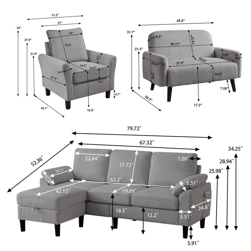 4 Pieces Corduroy Living Room Sets with Sofa, Ottoman and Loveseat