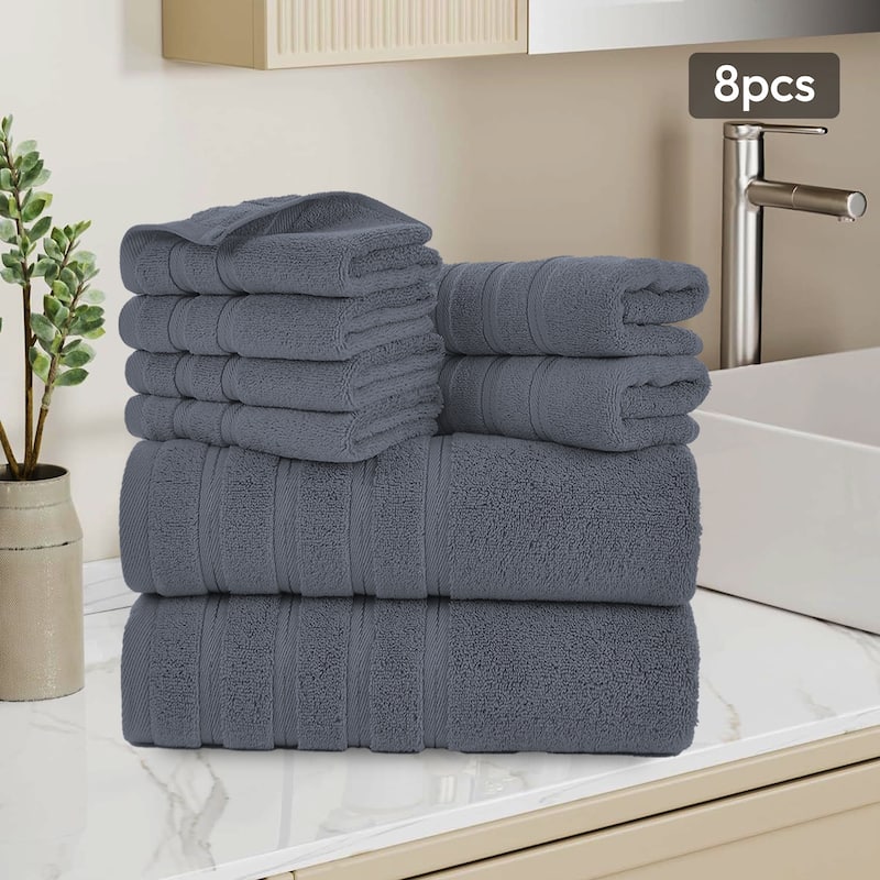 8 Piece Cotton Bath Towel Set,Highly Absorbant Towels,2 Bath Towels,2 Hand Towels and 4 Washcloths - Grey