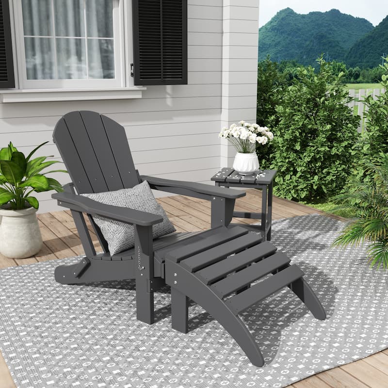 Polytrends Laguna Hdpe All Weather Outdoor Patio Foldable Adirondack Chair With Ottoman And Side Table (3-Piece Set) - Gray