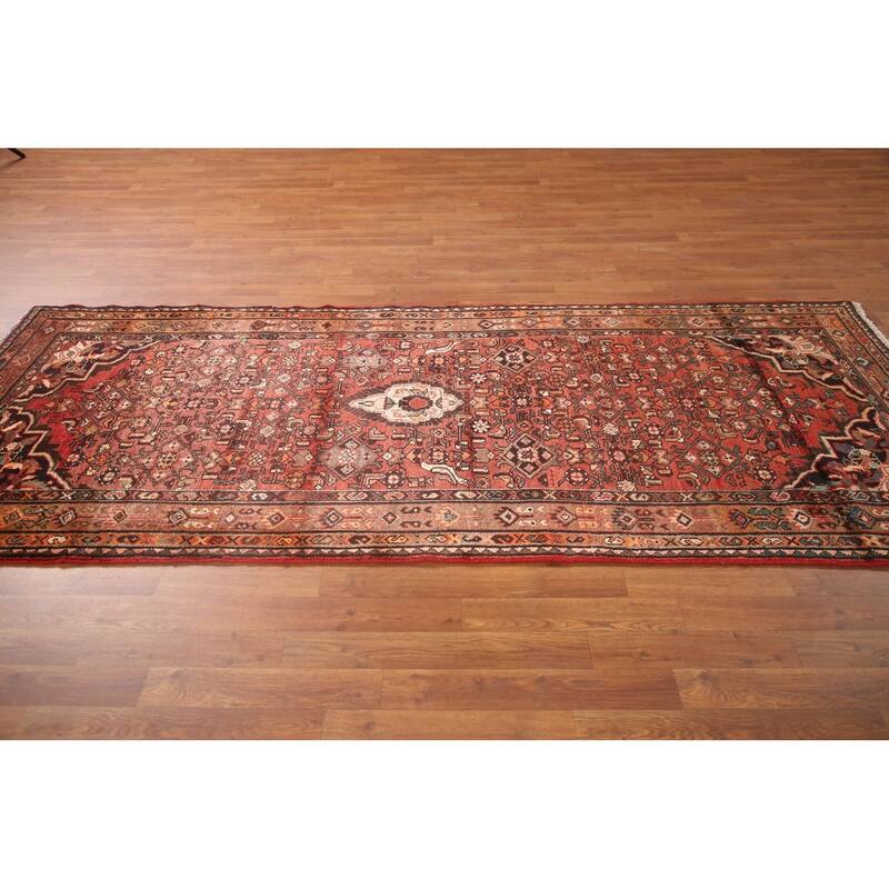 Hand Knotted Oriental 100% Wool Carpet Traditional Medallion Red Hamedan Runner Rug - 9' 3'' X 3' 10''