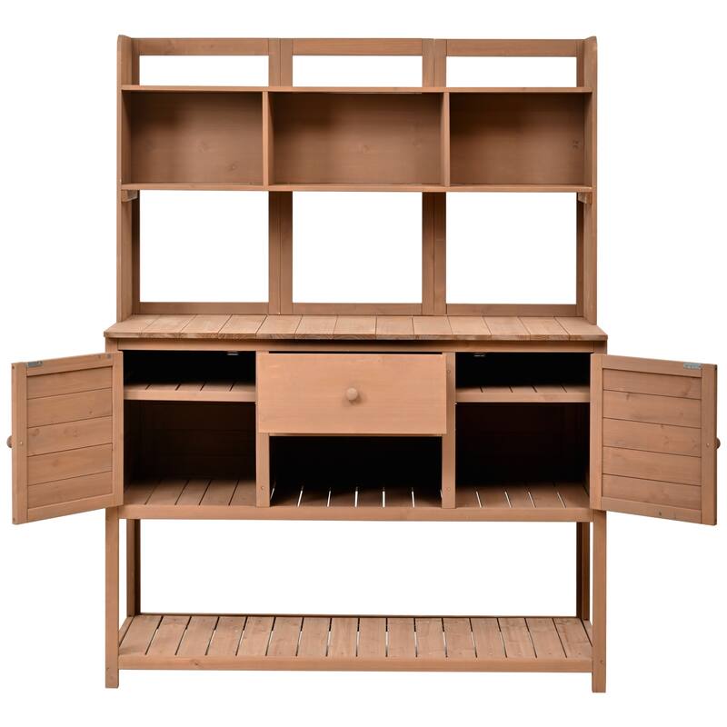 Solid Fir Wood Potting Bench Garden Workstation with Hutch, Drawer & Adjustable Shelves, Outdoor Garden Work Table