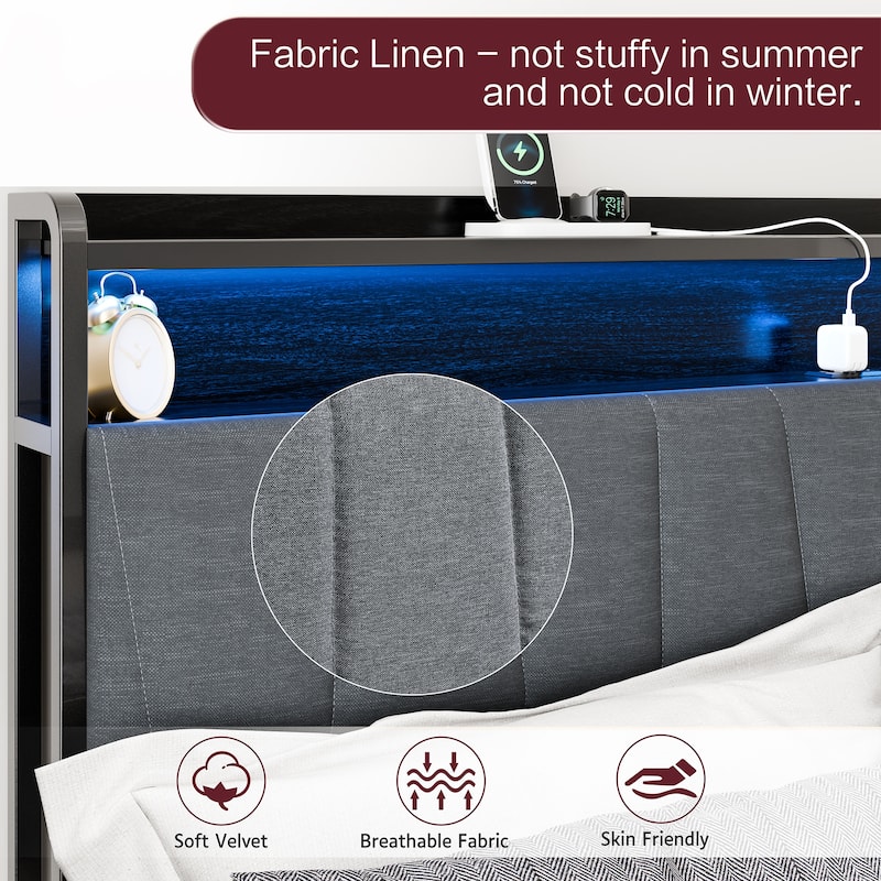 Queen Size Bed Frame with LED Headboard & USB Charging – Storage-Friendly Platform Bed with Snap Assembly