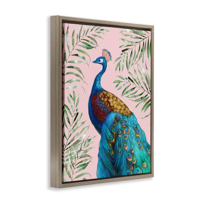 Stupell Elegant Peacock & Palm Sprigs Framed Floater Canvas Wall Art Design By Nan