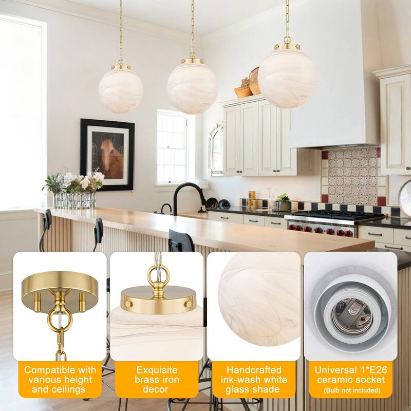 Brushed Gold Pendant Light with Marbled Glass Globe Kitchen Bedroom - Dia.11.81-in