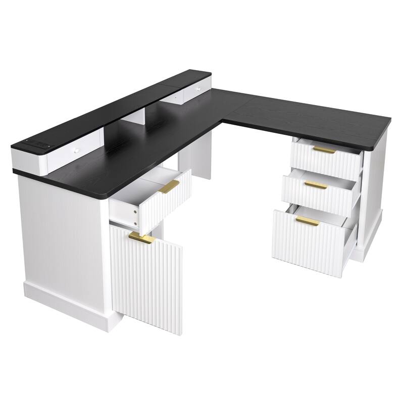 59” L Shaped Desk with Charging Station,Executive L Shaped Desk with Drawers and Storage Cabinet & Monitor Stand,Corner Desk