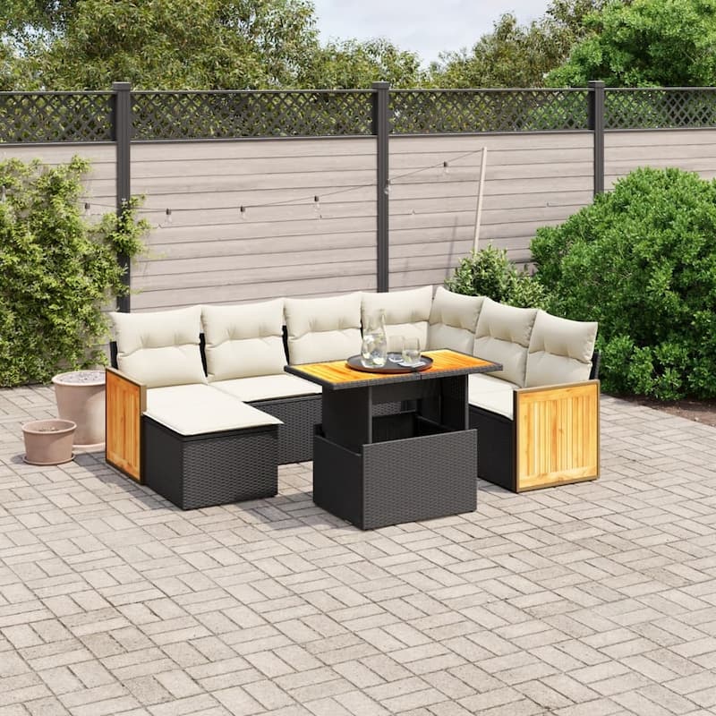 vidaXL Patio Sofa Set with Cushions Outdoor Furniture 8 Piece Poly Rattan - 21.7 x 39.4 x 28.7 in - Black and cream
