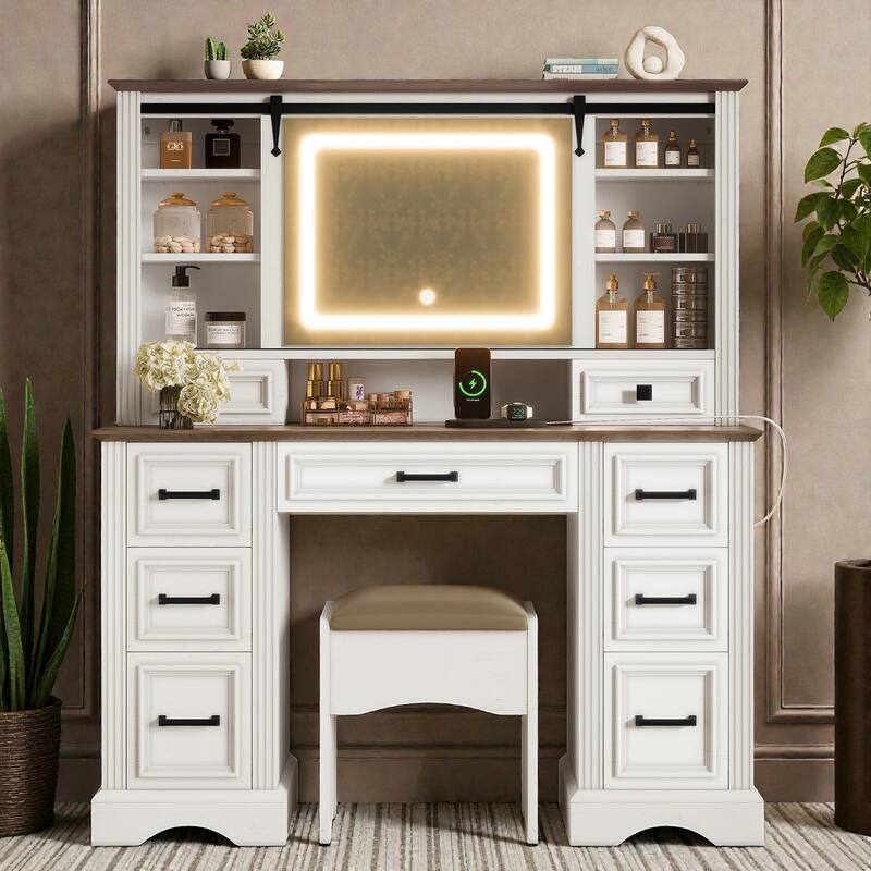 47.2" Farmhouse Makeup Vanity Desk with Sliding LED Mirror, 9 Drawers, Storage Stool and Charging Station - Brown White