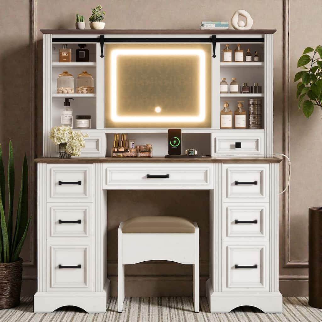 47.2" Farmhouse Makeup Vanity Desk with Sliding LED Mirror, 9 Drawers, Storage Stool and Charging Station