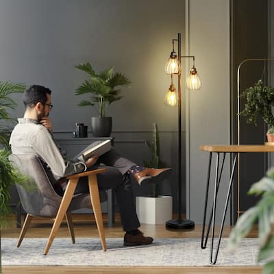 Brightech Teardrop 68 in. Industrial 3-Light LED Super Bright Floor Lamp with 3 Black Metal Teardrop Shades