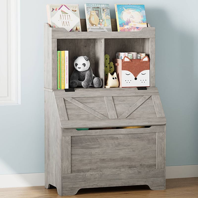 Kids Bookshelf and Toy Storage Organizer with Flip-top Lid - Grey