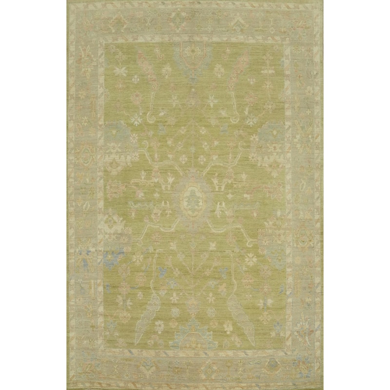 Vegetable Dye Green Oushak Turkish Area Rug, Floral Geometric Carpet - 11' 11'' X 9' 3''