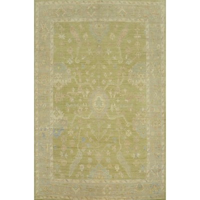 Vegetable Dye Green Oushak Turkish Area Rug, Floral Geometric Carpet - 11' 11'' X 9' 3''