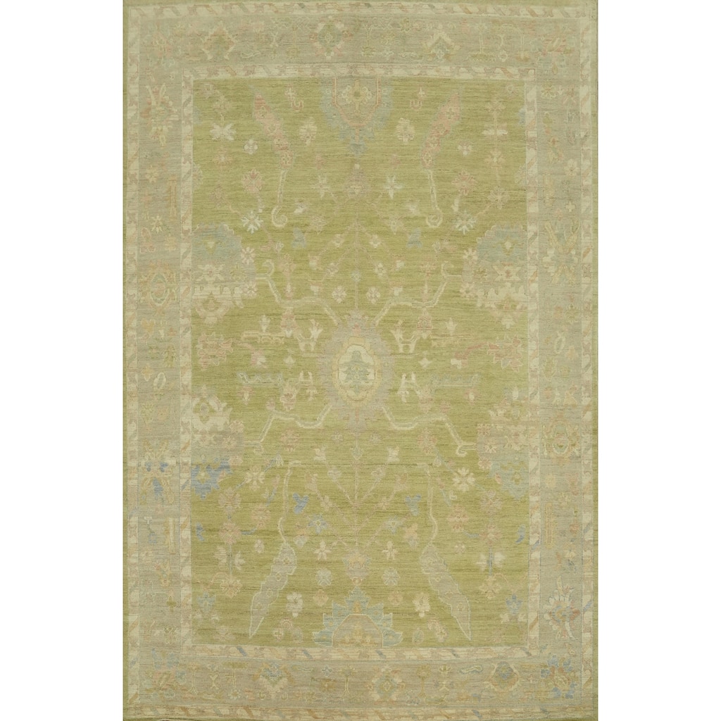 Vegetable Dye Green Oushak Turkish Area Rug, Floral Geometric Carpet - 11' 11'' X 9' 3''