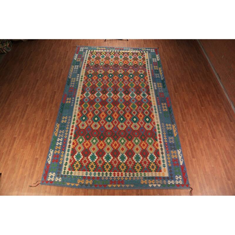 Palace Size Geometric Kilim Oriental Rug Hand-Woven Wool Carpet - 9'10"x 16'0"