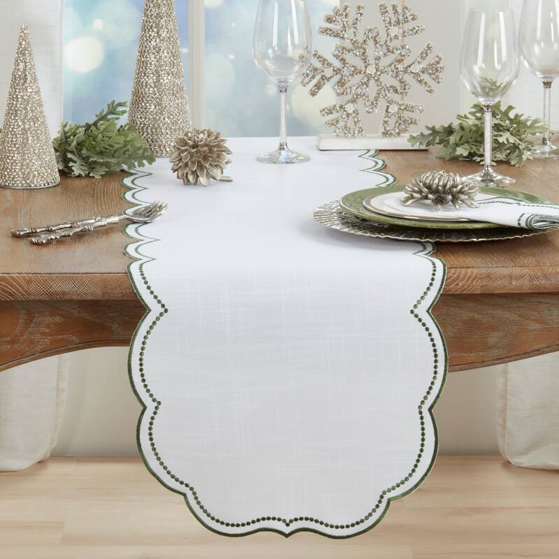 Embroidered Polka Dot Table Runner With Scallop Edge