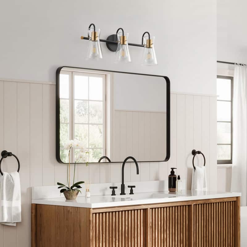3-Light Modern Black and Gold Vanity Light with Clear Glass Shades, Bathroom or Makeup Mirror Wall Sconce