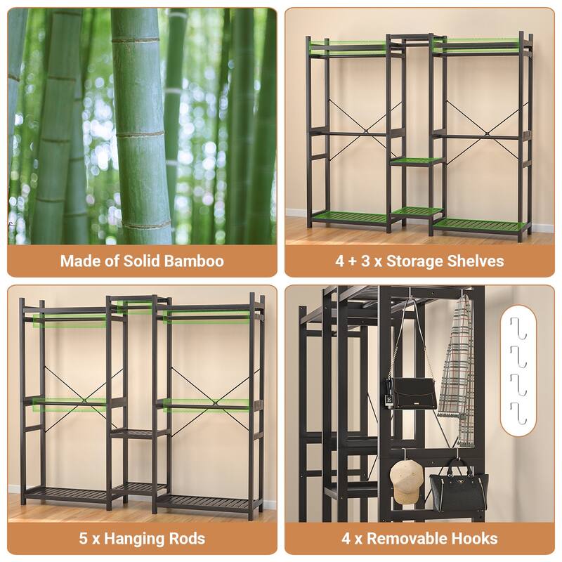 Bamboo Closet System Clothes Rack, Large Freestanding Garment Rack Clothing Rack for Hanging Clothes