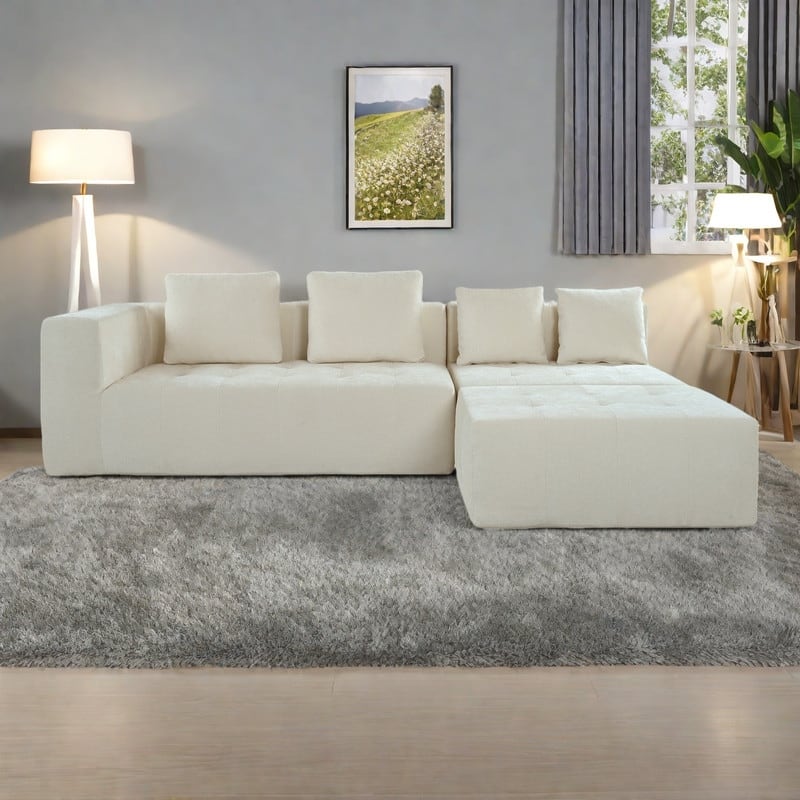 110" Polyester Modular Sectional Sofa (3-Piece) with 4 Pillows and Tufted Seat Design - Beige