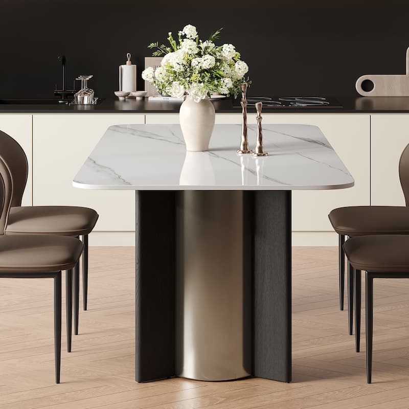 63" Modern Rectangular Dining Table for 4, White Glossy Sintered Stone Table Top,with double Stainless Steel Legs