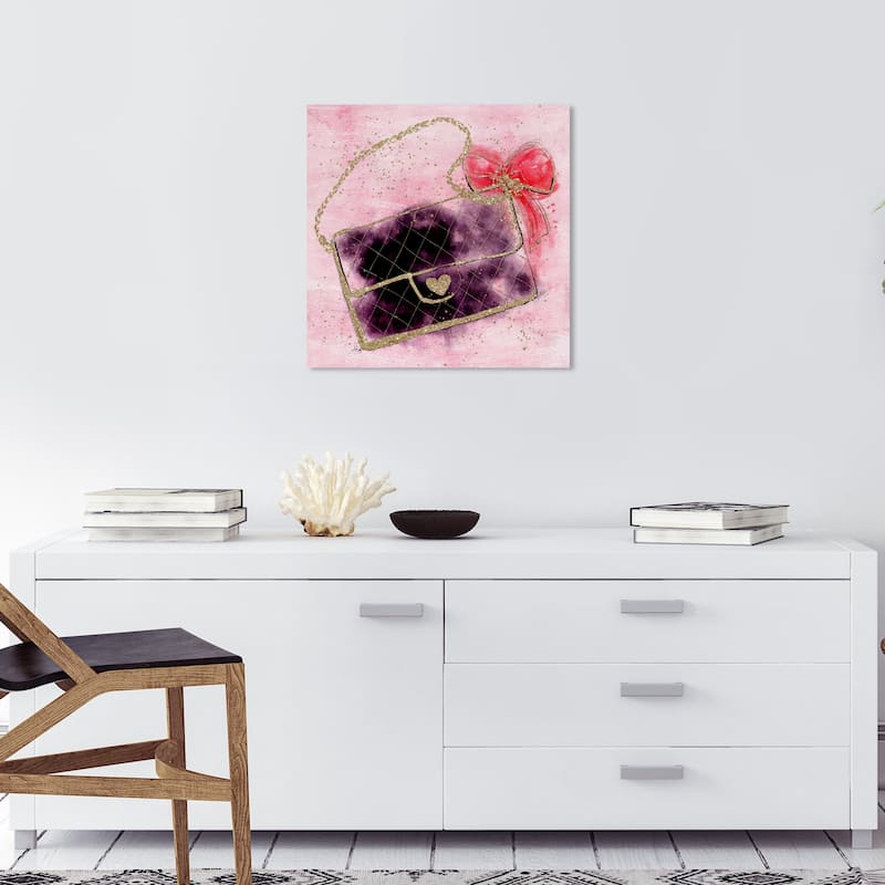 Wynwood Studio Canvas Fashion and Glam Gold Sparkle Ribbon Purse Red and Metallic Gold Glam Wall Art Canvas Print - 20 x 20