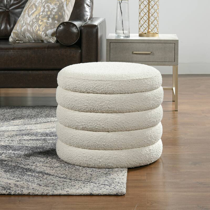 Jennifer Taylor Home Fuji 19" Upholstered Tufted Round Storage Ottoman - Ivory White Boucle