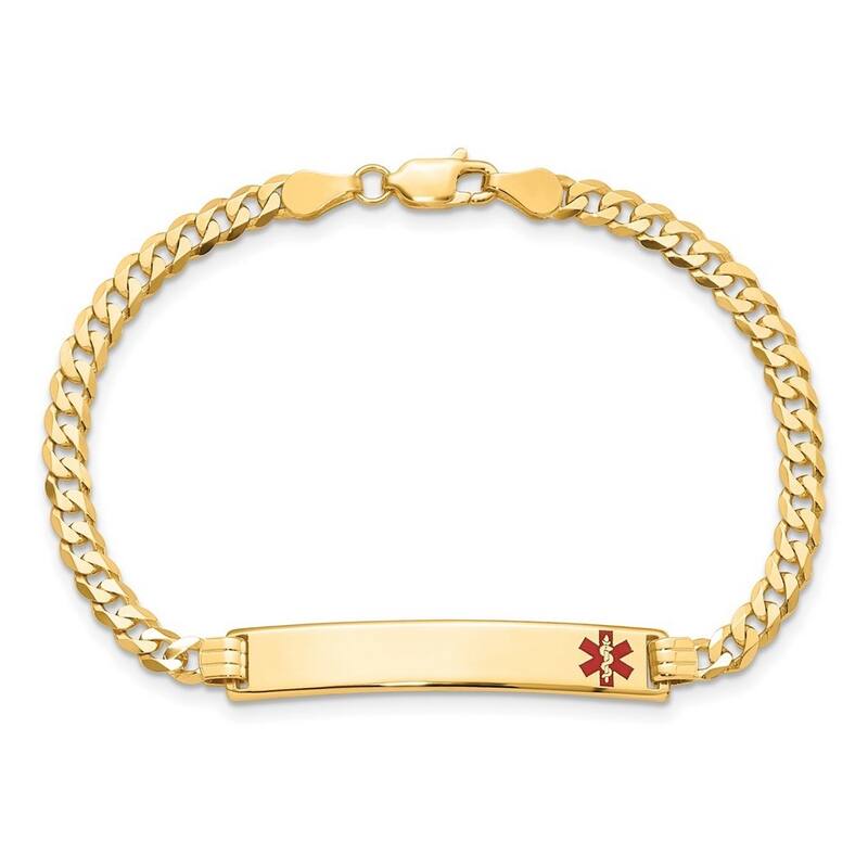 Curata 14k Yellow Gold 6.5mm Engravable Medical Red Enamel Flat Curb Link ID Bracelet
