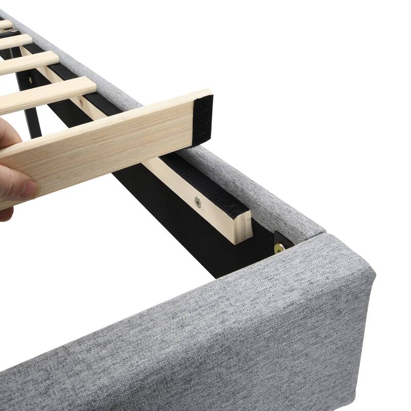 Queen Size Linen Upholstered Platform Bed with Button-Tufted Headboard, USB Charging Station and Side Pockets