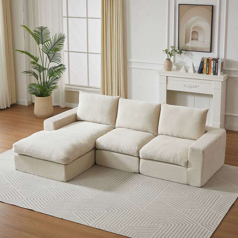L-Shaped Sectional Sofa with Chaise Lounge, Corduroy Upholstered Boneless Couch, Module Corner Sofa with 3 Pillows